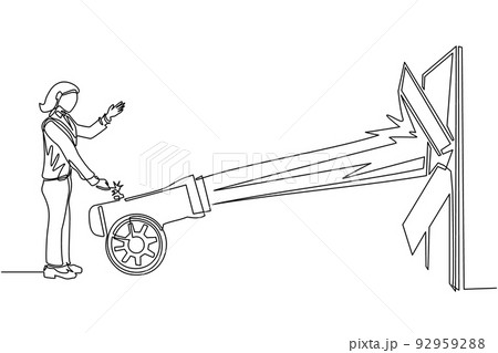 Continuous one line drawing businesswoman ignites cannon in front of door and destroying door. Eliminating barrier of entries, destroying obstacles with brute force. Single line draw design vector Continuous one line drawing businesswoman ignites cannon in front of door and destroying door. Eliminating barrier of entries, destroying obstacles with brute force. Single line draw design vector 92959288