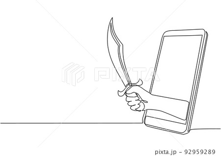 Single continuous line drawing hand hold machete through mobile phone. Concept of mobile games, e-sport, entertainment application for smartphones. One line draw graphic design vector illustration 92959289
