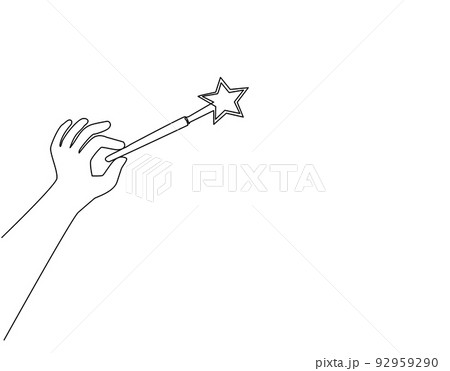Single one line drawing hand holding magic wand. Decorative magic wand with magic trace. Star shape magic accessory. Magical girl cartoon power. Continuous line draw design graphic vector illustration Single one line drawing hand holding magic wand. Decorative magic wand with magic trace. Star shape magic accessory. Magical girl cartoon power. Continuous line draw design graphic vector illustration 92959290