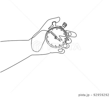 Single continuous line drawing human hand holding stopwatch. Arrow, clock, meter. Measurement and time management concept for banner, website design or landing web page. One line draw design vector 92959292