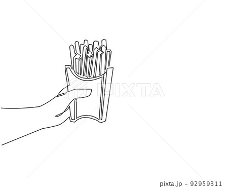 Continuous one line drawing hand holding french fries in paper box. Potato snack fast food menu symbol object. For restaurant or cafe drink menu. Single line draw design vector graphic illustration 92959311