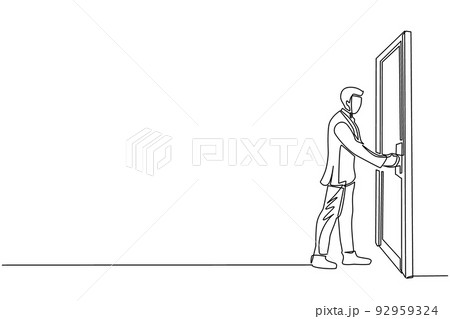 Single continuous line drawing businessman holding a door knob. Entering room in office building. Man holding door knob to open door and enter work space. Dynamic one line draw graphic design vector 92959324