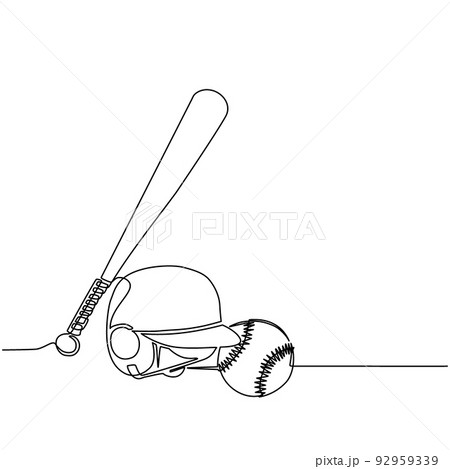 Continuous one line drawing baseball and softball label. Ball and helmet with wooden bat. Sporting symbol and mascot. Variety of baseball equipment: bat, ball, helmet. Single line draw design vector Continuous one line drawing baseball and softball label. Ball and helmet with wooden bat. Sporting symbol and mascot. Variety of baseball equipment: bat, ball, helmet. Single line draw design vector 92959339