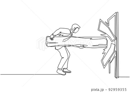 Continuous one line drawing businessman holding large log and destroying door. Overcome challenges, and destroying obstacles with power and brute force. Single line draw design vector illustration 92959355