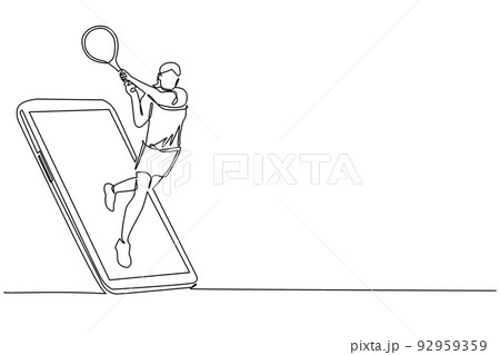 Single continuous line drawing female tennis player hit opponent's ball getting out of smartphone screen. Mobile sports play matches. Online tennis game mobile app. One line draw graphic design vector 92959359