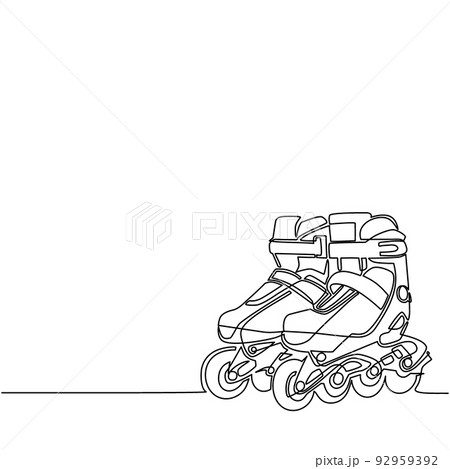 Single one line drawing pair of old retro plastic quad roller skate shoes. Healthy fitness sports concept. Vintage classical inline skating boot equipment sport. Continuous line draw design vector 92959392