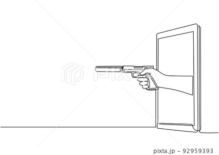 Single one line drawing hand holding pistol with silencer through mobile phone. Concept of mafia video games, e-sport, entertainment application for smartphones. Continuous line draw design vector Single one line drawing hand holding pistol with silencer through mobile phone. Concept of mafia video games, e-sport, entertainment application for smartphones. Continuous line draw design vector 92959393