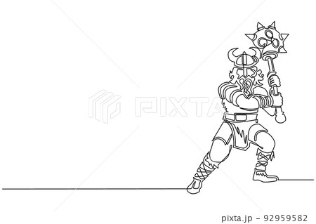 Single continuous line drawing viking warrior mascot swinging mace. Viking swing attack with mace. Viking barbarian with horned helmet swinging battle mace. Dynamic one line draw graphic design vector Single continuous line drawing viking warrior mascot swinging mace. Viking swing attack with mace. Viking barbarian with horned helmet swinging battle mace. Dynamic one line draw graphic design vector 92959582