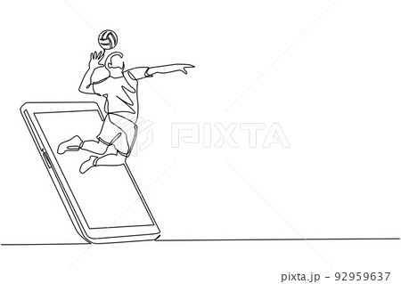 Continuous one line drawing man volleyball athlete player in action jumping spike getting out of smartphone screen. Mobile sports play matches. Online volleyball game. Single line draw design vector 92959637