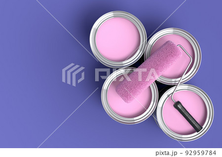 Set of metal cans or buckets with paint roller and brush on violet background. Set of metal cans or buckets with paint roller and brush on violet background. 92959784