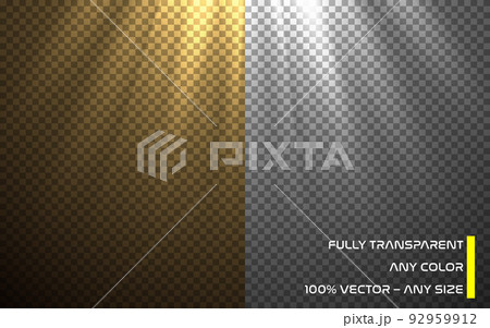 White glowing light effect on transparent background, can be used with any color background. Vector shiny effect decoration with ray. Bright burst explosion. Translucent shine sun flare on top 92959912