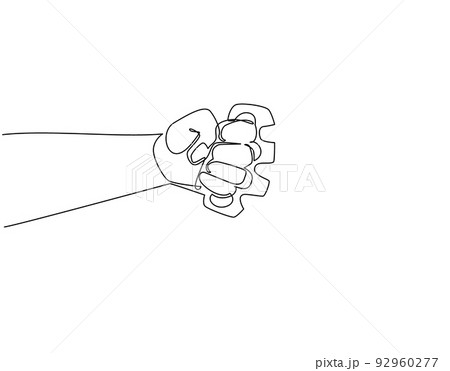 Continuous one line drawing hand with brass knuckles. Vintage retro woodcut criminal brass knuckle weapon. Can be used like emblem, logo, badge. Single line draw design vector graphic illustration 92960277