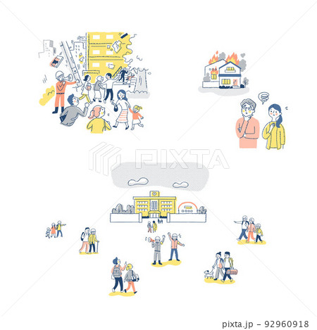 地震のシーン・避難する人々などのイラスト　セット 92960918