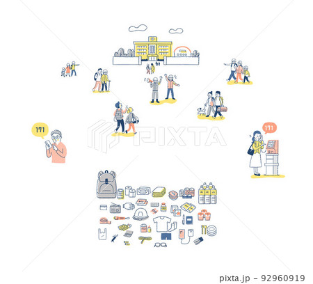 避難用品・避難する人々などのイラスト　セット 92960919