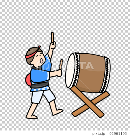 Illustration of a boy in a happi coat playing a Japanese drum 92961193