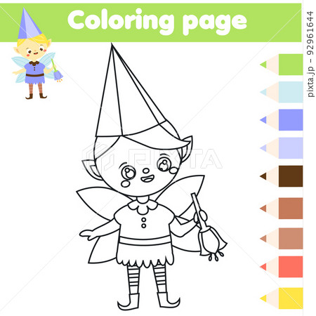 Coloring page with fairy elf boy. Drawing kids activity. Printable fun for toddlers and children Coloring page with fairy elf boy. Drawing kids activity. Printable fun for toddlers and children 92961644