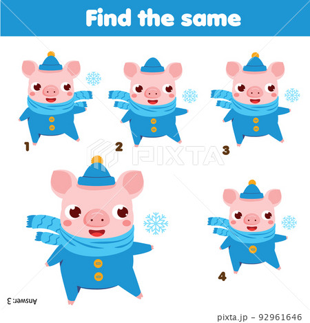 Children educational game. Find two same pictures of cartoon winter pig Children educational game. Find two same pictures of cartoon winter pig 92961646