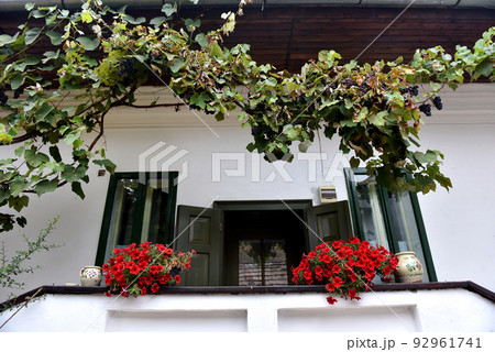Rural house with red Geranium flowers in the veranda 92961741