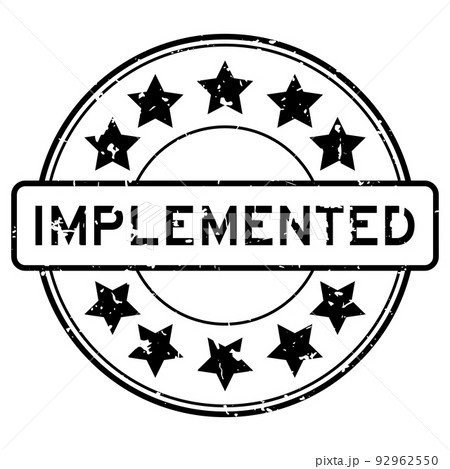 Grunge black implemented word with star icon round rubber seal stamp on white background 92962550