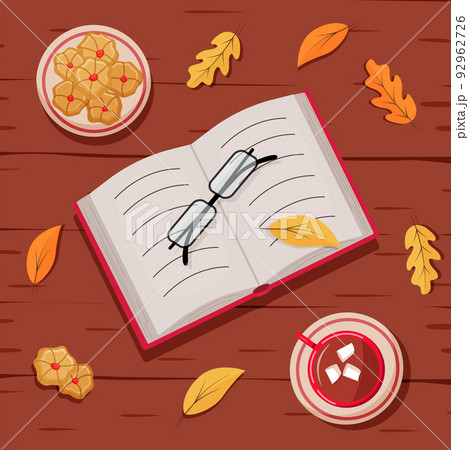 Autumn flatley background, a cup of hot chocolate, cookies, glasses and a book. Cozy fall concept. Vector illustration 92962726