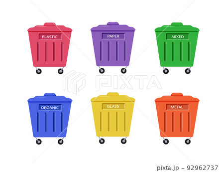 A set of colored garbage cans, a container for sorting waste, zero waste recycling, vector illustration A set of colored garbage cans, a container for sorting waste, zero waste recycling, vector illustration 92962737