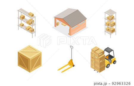 Warehouse as Area for Goods Storage and Logistics with Forklift Moving Cardboard Boxes and Rack with Parcel Isometric Vector Set 92963326