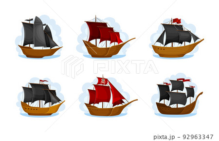 Pirate Sailing Ship with Square Rigged Masts Navigating Upon Water Vector Set Pirate Sailing Ship with Square Rigged Masts Navigating Upon Water Vector Set 92963347