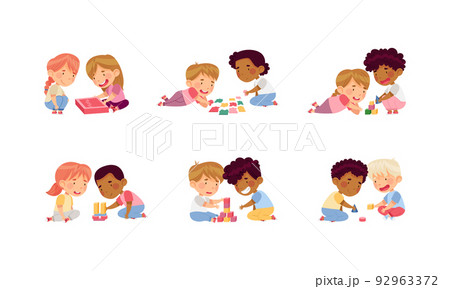 Children Playing Toy Blocks and Jigsaw Puzzle Sitting on the Floor in Nursery Vector Set 92963372