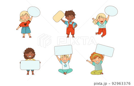 Smiling Kids Holding Empty Oval and Rectangular Plaque Vector Set Smiling Kids Holding Empty Oval and Rectangular Plaque Vector Set 92963376