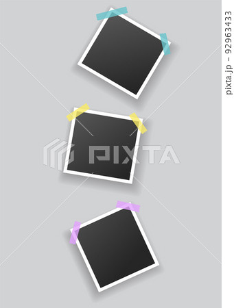 Blank photo frames hanging on adhesive tape. Vintage mockups template for memory album or scrapbook. Retro pictures with white boarders and shadows 92963433