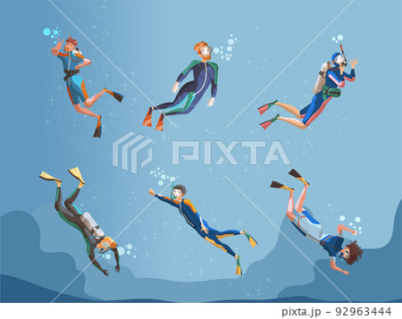 Young Man Character in Diving Dress Snorkeling Underwater Vector Illustration Set 92963444