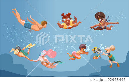 Young Man and Woman Character in Swimsuit and Goggles Snorkeling Underwater Vector Illustration 92963445