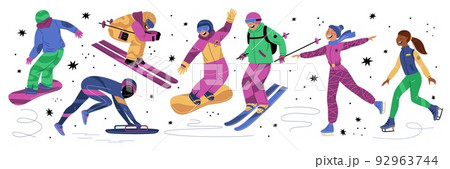 Winter sports. Young sportsmen. Skiers and snowboarders. Ice and snow skating. Cartoon athletes in gear. Bobsledders and skaters. People activities. Athletic competition. Garish vector set Winter sports. Young sportsmen. Skiers and snowboarders. Ice and snow skating. Cartoon athletes in gear. Bobsledders and skaters. People activities. Athletic competition. Garish vector set 92963744