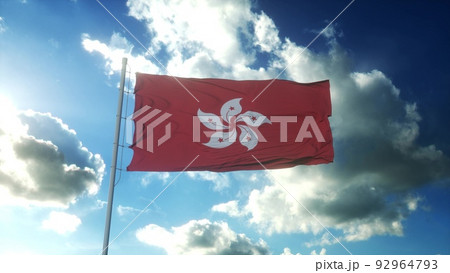 Flag of Hong Kong waving at wind against beautiful blue sky. 3d illustration 92964793