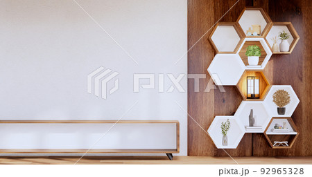 Hexagon wooden shelf japanese on wall background.3D rendering Hexagon wooden shelf japanese on wall background.3D rendering 92965328