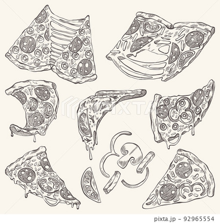 Pizza line banner. Engraved style doodle background. Savoury pizza ads. Tasty vector banner for cafe, restaurant or food delivery service 92965554