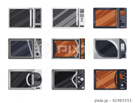 Microwave oven icons set. Front view of kitchen appliances. Stylish kitchenware. Cooking equipment, electrical technology isolated on white background 92965555