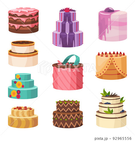 Cake icons collection. Sweet baked desserts. Icing pie for wedding holiday. Different types of beautiful modern cakes gourmet Cake icons collection. Sweet baked desserts. Icing pie for wedding holiday. Different types of beautiful modern cakes gourmet 92965556