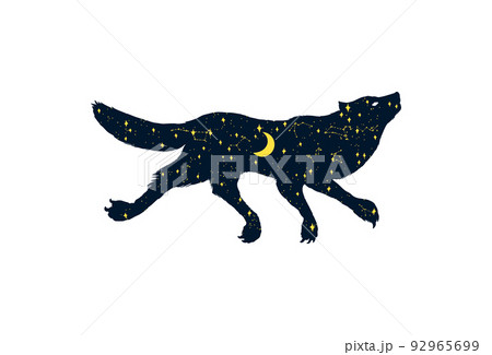 The wolf howling at the moon. Silhouette of Magical animal with crescent moon and stars in the night The wolf howling at the moon. Silhouette of Magical animal with crescent moon and stars in the night 92965699