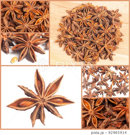 Collage with Dried star anise spice fruits top view. Collage with Dried star anise spice fruits top view. 92965914