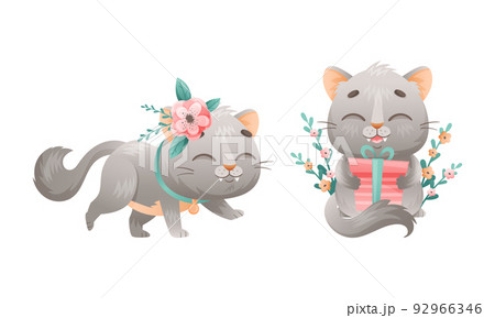 Cute grey kitten set. Lovey playing cat animal with flowers and gift box cartoon vector illustration 92966346