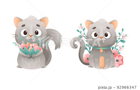 Cute kitten with wildflowers set. Lovey grey cat pet animal cartoon vector illustration 92966347