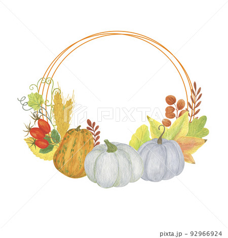 Autumn element arrangement round frame, pumpkin, wheat, dog rose, multicolored green, orange, yellow leaves seasonal fall holiday watercolor floral illustration for Halloween, Thanksgiving Autumn element arrangement round frame, pumpkin, wheat, dog rose, multicolored green, orange, yellow leaves seasonal fall holiday watercolor floral illustration for Halloween, Thanksgiving 92966924