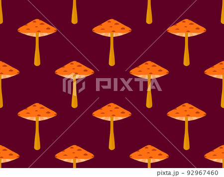 Mushrooms seamless pattern. Mushrooms with red caps on a black background. Toadstools, poisonous mushrooms and fly agarics. Design for posters, banners and promotional items. Vector illustration 92967460