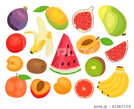 Fruit set in cartoon style. Fig, peach, apricot, orange, kiwi, banana, mango, watermelon, grapefruit. 92967558