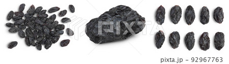 Black raisin isolated on white background. Top view. Flat lay, Set or collection Black raisin isolated on white background. Top view. Flat lay, Set or collection 92967763