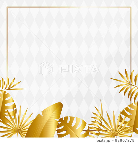 高級感のあるボタニカルとダイヤ模様の背景　正方形　ホワイト＆ゴールド 92967879