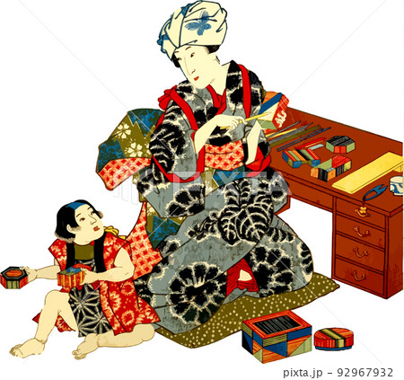 カラフルな箱を作る母親と遊ぶ子ども 92967932