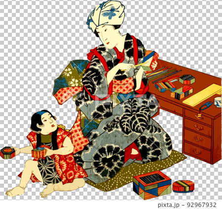 カラフルな箱を作る母親と遊ぶ子ども 92967932