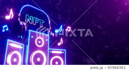 3d rendering concept NFT or non fungible token for music. Neon stereo speakers with headphone and NFT text. 92968361